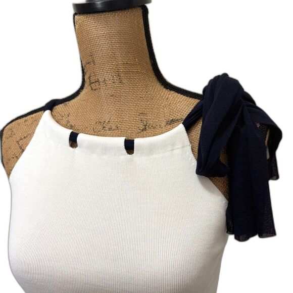 Etcetera High Neck Tie Tank Nautical Sailor Stripe White Navy Blue Size Small - Picture 2 of 4